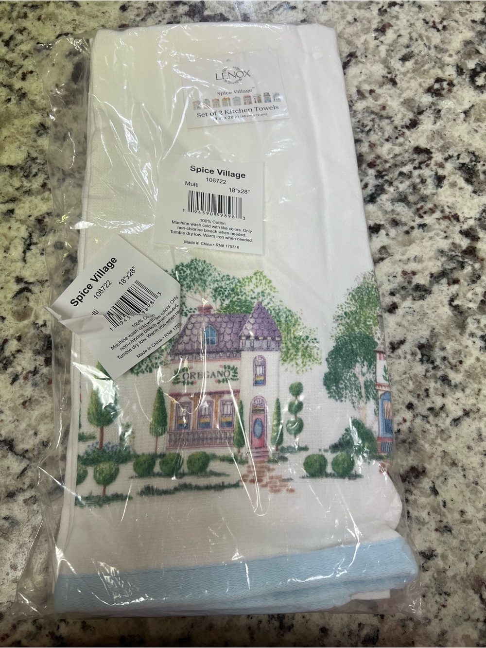 Lenox White Kitchen Towels with Pastel Village and Blue Trim
